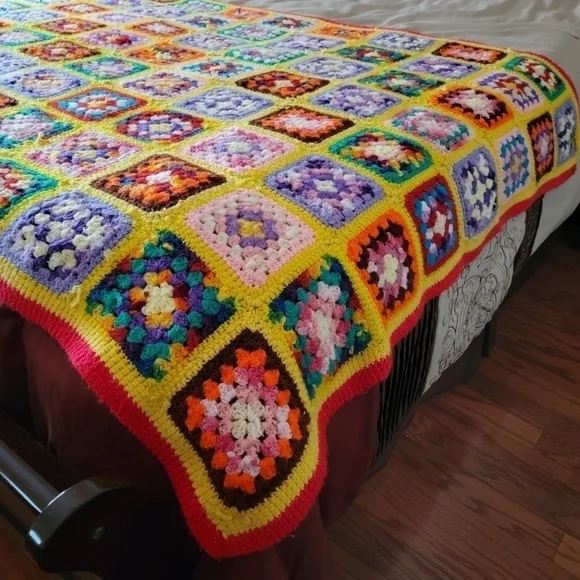 Vintage Granny Square Afghan Throw Blanket Rainbow Multi color Boho Handmade - Picture 11 of 14